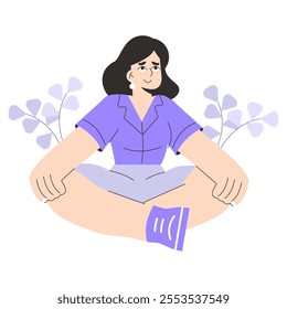 Confident businesswoman concept. A relaxed professional woman sits cross-legged with a peaceful demeanor against a minimalist backdrop. Modern corporate wellness. Vector illustration.