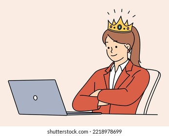 Confident businesswoman in crown sit at desk working on laptop. Successful woman employee or leader busy at computer. Vector illustration. 