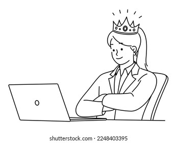 Una mujer de negocios de confianza en la corona se sienta en el escritorio trabajando en una laptop. Trabajadora o líder exitosa ocupada en el ordenador. Ilustración vectorial. 