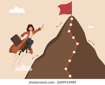 Confident Businesswoman Flying Toward Success Goal on Mountain Peak  Concept of Empowerment and Achievement.