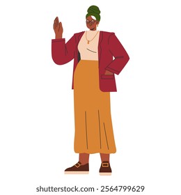 Confident businesswoman gesture. Professional female entrepreneur in stylish attire taking oath. Corporate leadership and empowerment. Vector illustration.