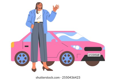 Empresaria confiada saludando junto a su coche rosa. Mujer de Profesional en atuendo casual elegante listo para el viaje. Ilustración vectorial.