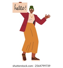 Confident businesswoman greeting concept. Modern female entrepreneur holding a sign with 'hello' written on it, embodying openness and welcome. Vector illustration.