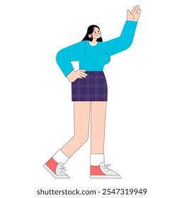 Saludo de la empresaria confiada. Independiente mujer joven profesional en atuendo de trabajo casual saludando saludando. Orientado a la carrera, moderno y amigable. Ilustración vectorial.