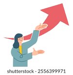 Confident businesswoman with growth arrows concept. Professional female leading economic expansion. Achieving goals, success strategy. Vector illustration.