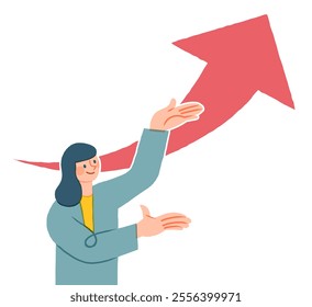 Confident businesswoman with growth arrows concept. Professional female leading economic expansion. Achieving goals, success strategy. Vector illustration.