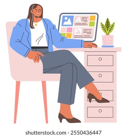 Empresaria confiada en su escritorio con la computadora y la planta. Profesional mujer ejecutiva en un entorno de oficina moderno. Ilustración vectorial.