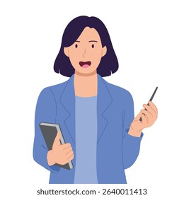 Confident businesswoman holding a book and pen, cartoon female character presenting or teaching, flat style vector illustration on white background