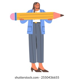 Confident businesswoman holding a giant pencil concept. Creative professional ready to innovate and strategize. Vector illustration.