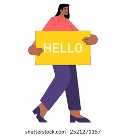 Confident businesswoman holding a greeting sign. Welcoming professional introduction and friendly network concept. Vector illustration.