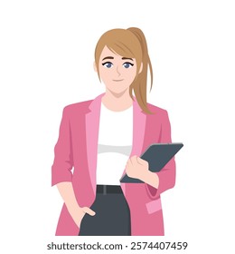 Confident Businesswoman Holding a Tablet. Smiling Woman Writing on Tablet. Flat vector Character Illustration