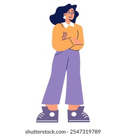 Confident businesswoman illustration. A modern female professional stands poised, conveying empowerment and readiness. Casual work attire, positive demeanor. Vector illustration.