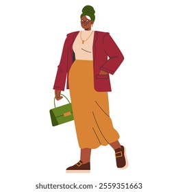 Confident businesswoman illustration. A stylish female professional strides with poise, briefcase in hand. Modern workwear fashion, empowerment. Vector illustration.