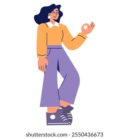 Confident businesswoman illustration. A stylish professional woman making an 'okay' gesture, signifying approval and success. Casual corporate attire. Vector illustration.