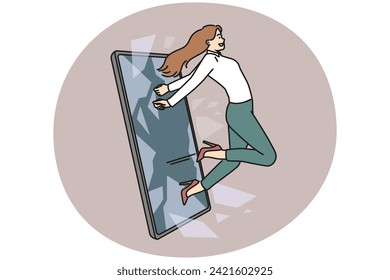 Confident businesswoman jump out of cellphone screen. Smiling woman go out of smartphone free from internet censorship and information. Vector illustration.