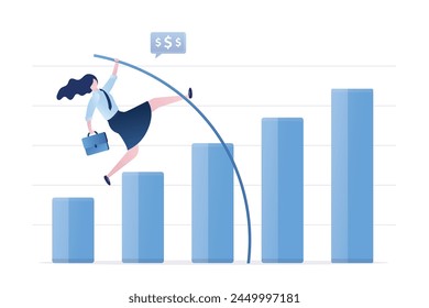 Mujer de negocios confiada saltando la bóveda del poste sobre el gráfico de la barra de crecimiento. Crecimiento empresarial, mejora o aumento porcentual alto de ganancias y beneficios. Ganar dinero, concepto. Logro financiero. Vector