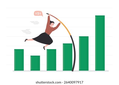 Confident businesswoman jumping pole vault over growth bar graph. Business growth, improvement or high percentage increase of earning and profit. Making money, financial and investment achievement.