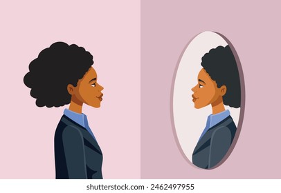 
Confident Businesswoman Looking in the Mirror Vector Character. Strong woman boosting her self esteem looking with self confidence at herself 
