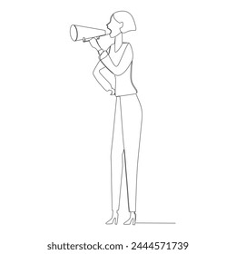 Confident businesswoman with megaphone giving instruction and influence other. Woman leadership in at work concept. Continuous line drawing in Business and finance vector illustration