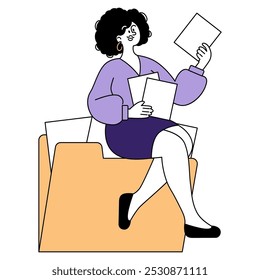 Confident businesswoman multitasking with paperwork. Office setting with a professional in a leadership role managing documents. Vector illustration.