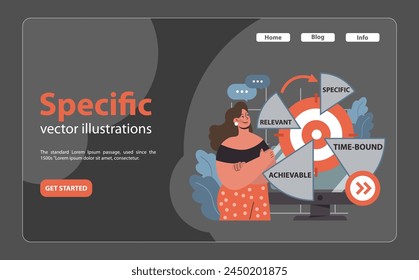 Confident businesswoman navigating SMART criteria. Steering towards specific, relevant goals while ensuring they're achievable and time-bound. Strategy, direction, objectives. Flat vector illustration