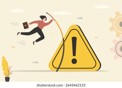 Confident businesswoman pole vault and jumping over big warning sign. Successful overcoming restrictions, failure and ban. Giant alert sign. Do not give up, motivation to success. vector illustration