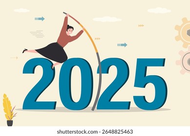 Mulher de negócios confiante poste abóbada cruzar crise vale. Empresária mulher saltando sobre 2025 ano com pole. Caminho a seguir, Superação bem sucedida de obstáculos do ano, conceito. Alcançando o sucesso.