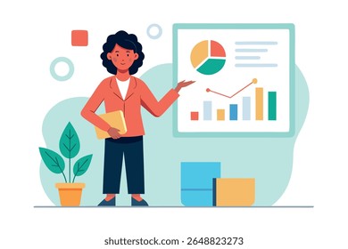 Empresária confiante apresentando gráficos e gráficos de dados financeiros durante uma apresentação de negócios moderna.