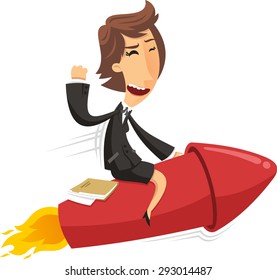 Confident BusinessWoman riding space rocket breaking ground, vector illustration cartoon.