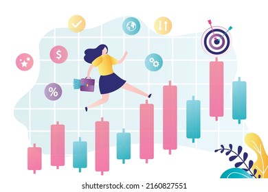 Confident businesswoman runs on growing graph towards the goal. Male investor successfully trades in stock market or forex. Profit, return on investment. Making money. Flat vector illustration