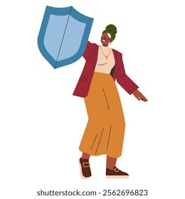 Confident businesswoman with a shield concept. Assured female professional protected by a symbolic shield, indicating security and resilience in the corporate world. Vector illustration.