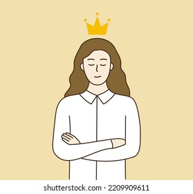 Confiada empresaria con corona de oro brillante por encima de la cabeza. Mujer sonriente cruzando brazos. Liderazgo, éxito, concepto de ambición. Dibujo aislado de diseño vectorial de caricatura plana.