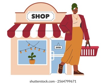 Confident businesswoman shopping at local store, supporting community economy and small businesses. Vector illustration.