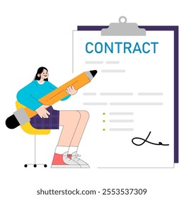 Confident businesswoman signing a contract, showcasing professional commitment and agreement. Vector illustration.