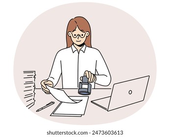 Confident businesswoman sit at desk work on computer stamp documents. Smiling female employee sign paperwork in office. Secretary work. Vector illustration.