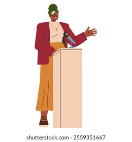 Confident businesswoman speaking at a podium, engaging audience with hand gesture. Professional leadership and communication. Vector illustration.