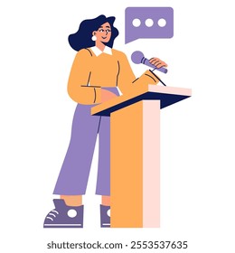 Confident businesswoman speaking at a podium. Professional female presenting business ideas or leading a corporate meeting. Leadership and empowerment. Vector illustration.