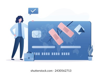 Confident businesswoman stand with fixed and repaired credit card with bandage. Loan repayment. Process to fixing poor credit standing, recover from financial mistake or negotiate with lender. vector