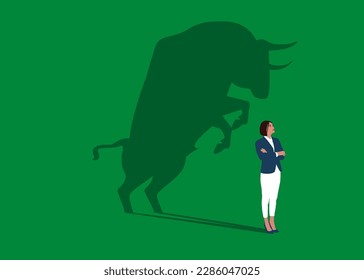 Confident businesswoman  standing bull shadow concept illustration. Trade exchange, green bull. Global economy boom. Flat vector illustration