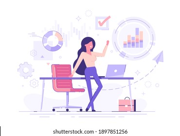 Confident businesswoman standing cross-legged leaning on a table with business process icons and infographics on background. Business charts and diagrams. Vector illustration.