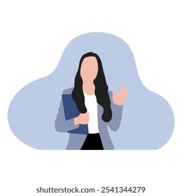 A confident businesswoman standing with a folder in her hand. She is wearing a blue suit and has a friendly smile. The image is perfect for concepts such as business, success, and professionalism