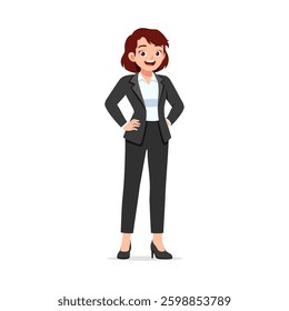 Confident Businesswoman Standing with Hands on Hips Wearing Suit and Smiling Expression