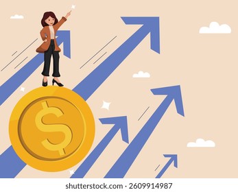 Confident Businesswoman Standing on Gold Coin with Upward Arrows Symbolizing Financial Growth and Success