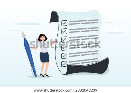 Confident businesswoman standing with pen after completed all tasks checklist, checklist for work completion, review plan, business strategy, to do list for responsibility and achievement (Vector)