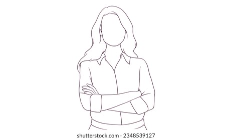 confident businesswoman standing tall with crossed arms, hand drawn style vector illustration