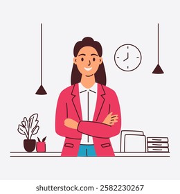 A confident businesswoman stands with her arms crossed at her desk