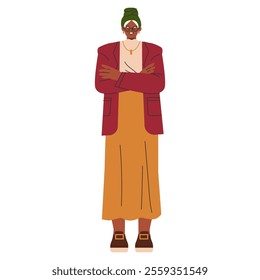 Confident businesswoman in stylish attire stands with arms crossed. Professional female leader with fashion sense. Vector illustration.