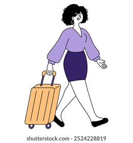 Empresaria confiada con una maleta en un viaje de negocios. Profesional mujer viajera en atuendo inteligente. Ilustración vectorial.