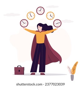 Confident businesswoman super hero juggling clocks. Time management for best efficiency and productivity, manage project and control timeline or schedule, speed or fast work concept. flat vector