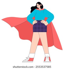 Confident businesswoman superhero concept. Professional success with a dynamic caped business icon standing proudly. Modern workplace empowerment. Vector illustration.